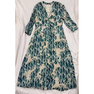 Maison 123 Paris Dress Womens 38/ size 6 Teal Abstract Ikat Button Front Maxi